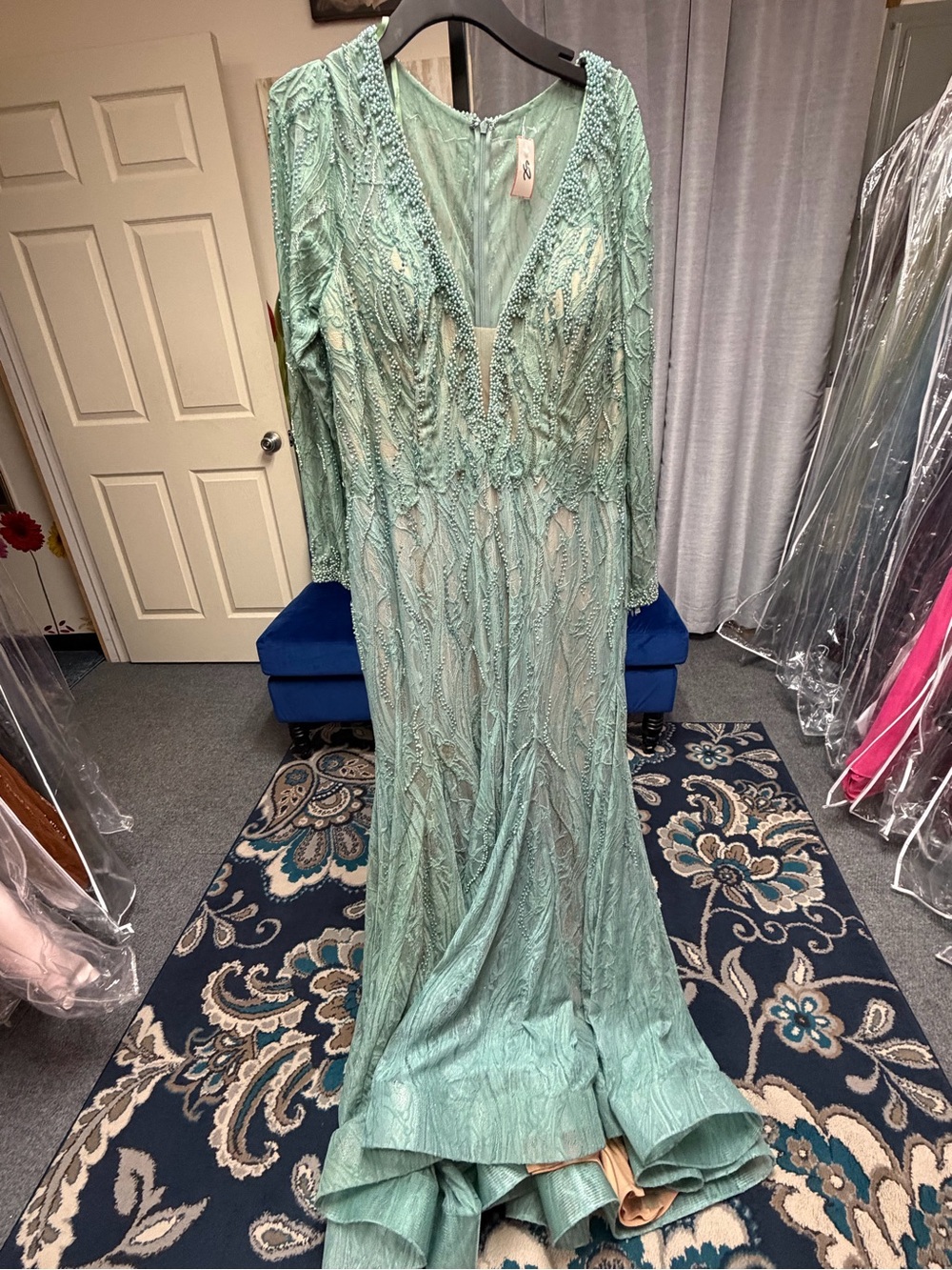 Mac Duggal Sage Green Beaded Long Sleeve Evening Gown
